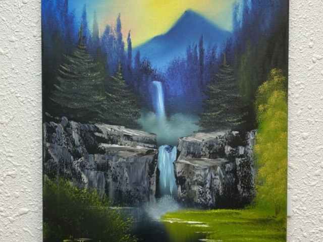 A painting of a waterfall with a yellow sky